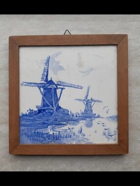 *3 for $20 deal* Blue Delft Windmill Tile Wall Art in Wood Frame